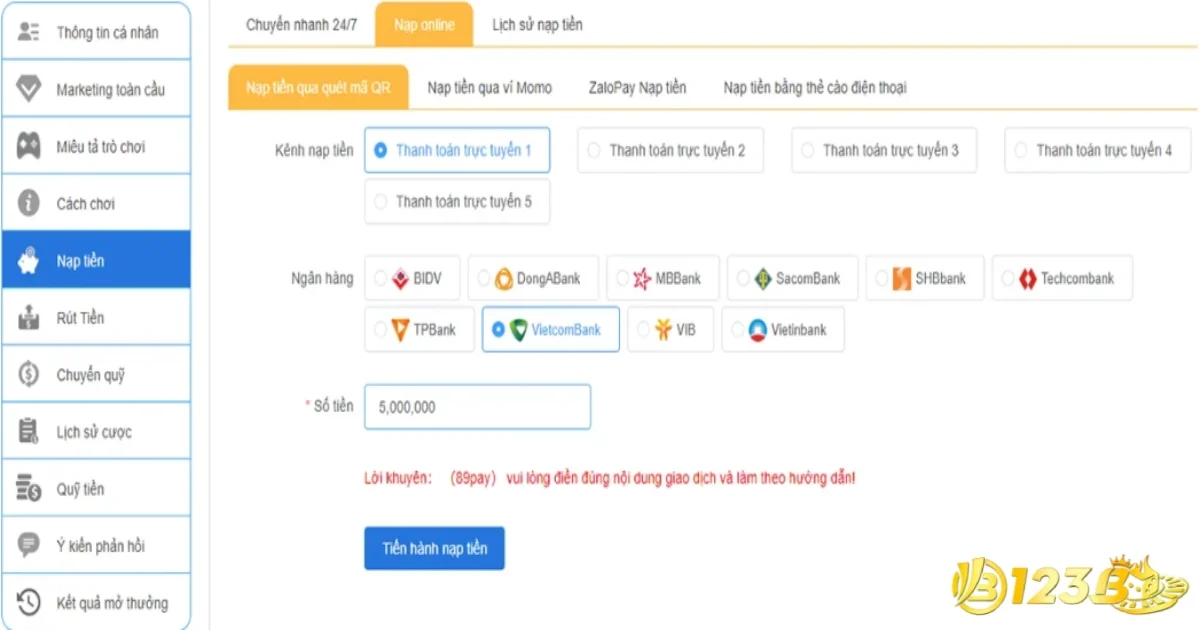Phương thức nạp tiền vào 123B qua ngân hàng