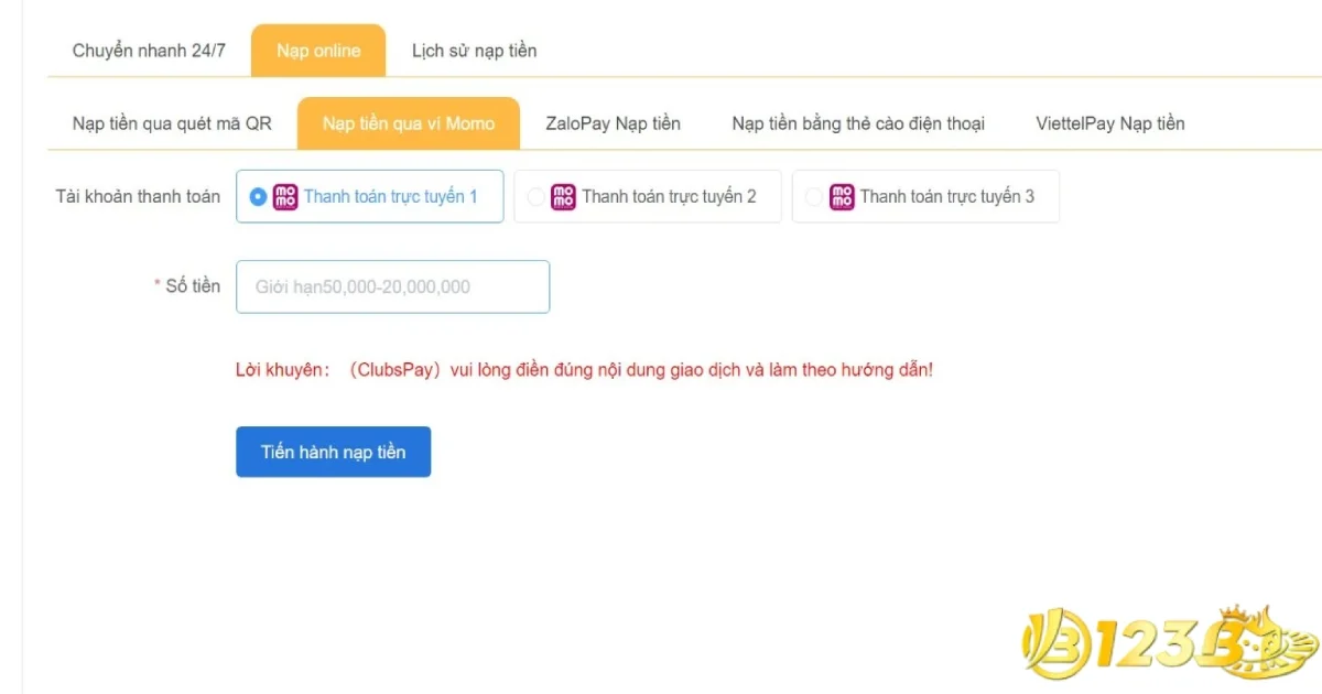Nạp qua ví điện tử (Momo, ZaloPay)